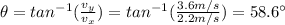 \theta=tan^{-1} (\frac{v_y}{v_x})=tan^{-1} (\frac{3.6 m/s}{2.2 m/s})=58.6^{\circ}