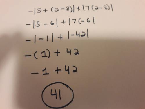 Quickly evaluate the expression:  -|5+(2-8)|+|7(2-8)|