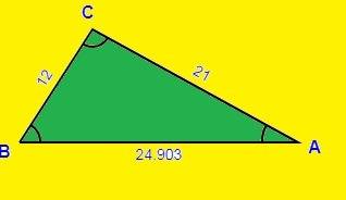Solve the triangle. a = 12, b = 21, c = 94° c ≈ 24.2, a ≈ 32.7°, b ≈ 53.3° c ≈ 24.9, a ≈ 54.3°, b ≈