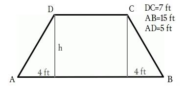 Abcd is a trapezoid with ad = 5 ft, dc = 7 ft, and ab = 15 ft. find the area of the trapezoid. 30 ft