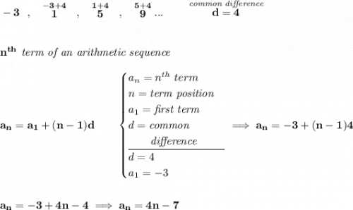 \bf -3~~,~~\stackrel{-3+4}{1}~~,~~\stackrel{1+4}{5}~~,~~\stackrel{5+4}{9}...\qquad \stackrel{\textit{common difference}}{d=4} \\\\\\ n^{th}\textit{ term of an arithmetic sequence} \\\\ a_n=a_1+(n-1)d\qquad \begin{cases} a_n=n^{th}\ term\\ n=\textit{term position}\\ a_1=\textit{first term}\\ d=\textit{common}\\ \qquad \textit{difference}\\ \cline{1-1} d=4\\ a_1=-3 \end{cases}\implies a_n=-3+(n-1)4 \\\\\\ a_n=-3+4n-4\implies a_n=4n-7
