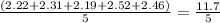 \frac{(2.22+2.31+2.19+2.52+2.46)}{5}= \frac{11.7}{5}