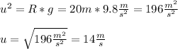 u^{2}=R*g=20m*9.8\frac{m}{s^{2} }=196\frac{m^{2} }{s^{2} }\\\\u=\sqrt{196\frac{m^{2} }{s^{2}}}=14\frac{m}{s}