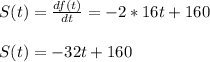 S(t)=\frac{df(t)}{dt} = -2*16t + 160\\\\S(t) = -32t+160