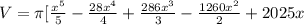 V=\pi [\frac{x^5}{5}-\frac{28x^4}{4}+\frac{286x^3}{3}-\frac{1260x^2}{2}+2025x