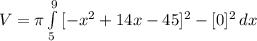 V=\pi \int\limits^9_5 {[-x^2+14x-45]^2-[0]^2} \, dx