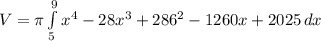 V=\pi \int\limits^9_5 {x^4-28x^3+286^2-1260x+2025} \, dx