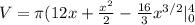 V=\pi (12x+\frac{x^2}{2}-\frac{16}{3}x^{3/2}|_0^4