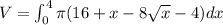 V=\int_0^4 \pi (16+x-8\sqrt{x}-4)dx