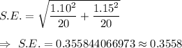 S.E.=\sqrt{\dfrac{1.10^2}{20}+\dfrac{1.15^2}{20}}\\\\\Rightarrow\ S.E.=0.355844066973\approx0.3558
