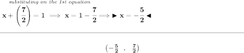 \bf \stackrel{\textit{substituting on the 1st equation}}{x+\left( \cfrac{7}{2} \right)=1\implies x=1-\cfrac{7}{2}}\implies \blacktriangleright x=-\cfrac{5}{2} \blacktriangleleft \\\\[-0.35em] \rule{34em}{0.25pt}\\\\ ~\hfill \left(-\frac{5}{2}~~,~~\frac{7}{2} \right)~\hfill
