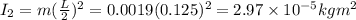 I_2 = m(\frac{L}{2})^2 = 0.0019(0.125)^2 = 2.97 \times 10^{-5} kg m^2