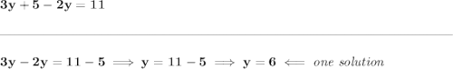 \bf 3y+5-2y=11\\\\[-0.35em]\rule{34em}{0.25pt}\\\\3y-2y=11-5 \implies y=11-5\implies y=6\impliedby \textit{one solution}