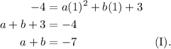 \begin{aligned}-4 &= a(1)^2 + b(1) + 3 \\a+b+3 &= -4 \\a+b &= -7 && \text{(I).}\end{aligned}