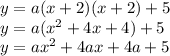 y=a(x+2)(x+2)+5\\y=a(x^2+4x+4)+5\\y=ax^2+4ax+4a+5\\\\