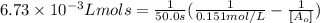 6.73\times 10^{-3} L mol s=\frac{1}{50.0 s}(\frac{1}{0.151 mol/L}-\frac{1}{[A_o]})