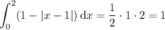 \displaystyle\int_0^2(1-|x-1|)\,\mathrm dx=\frac12\cdot1\cdot2=1