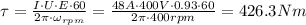 \tau = \frac{I\cdot U\cdot E\cdot 60}{2\pi\cdot \omega_{rpm}}=\frac{48A\cdot 400V\cdot0.93\cdot 60}{2\pi \cdot 400 rpm} = 426.3 Nm