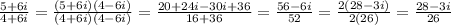 \frac{5+6i}{4+6i}=\frac{(5+6i)(4-6i)}{(4+6i)(4-6i)}=\frac{20+24i-30i+36}{16+36}=\frac{56-6i}{52}=\frac{2(28-3i)}{2(26)}=\frac{28-3i}{26}