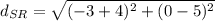 d_{SR}=\sqrt{(-3+4)^2+(0-5)^2}
