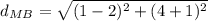 d_{MB}=\sqrt{(1-2)^2+(4+1)^2}