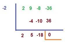 The volume of a rectangular prism is 2x^3+9x^2-8x-36 with height x + 2. using synthetic division, wh