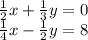 \frac{1}{2}x+\frac{1}{3}y=0\\\frac{1}{4}x-\frac{1}{2}y=8