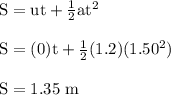 \rm S = ut + \frac{1}{2}at^2\\\\S = (0)t +  \frac{1}{2}(1.2)(1.50^2)\\\\S = 1.35\ m