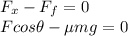 F_x - F_f =0\\F cos \theta - \mu mg =0