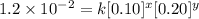 1.2\times 10^{-2}=k[0.10]^x[0.20]^y