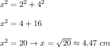 x^2=2^2+4^2\\\\x^2=4+16\\\\x^2=20\to x=\sqrt{20}\approx4.47\ cm