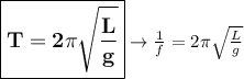\large{\boxed{\bold{T=2\pi \sqrt{\frac{L}{g} }}}\rightarrow \frac{1}{f}=2\pi \sqrt{\frac{L}{g} }