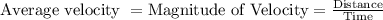 \text {Average velocity }=\text {Magnitude of Velocity}=\frac{\text {Distance}}{\text {Time}}