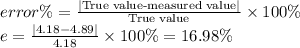 error\% = \frac{|\text{True value-measured value}|}{\text{True value}}\times 100\% \\ e = \frac{|4.18-4.89|}{4.18}\times 100\% = 16.98\%
