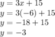 y = 3x + 15\\y = 3 (-6) +15\\y = -18 + 15\\y = -3