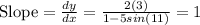 \text{Slope}=\frac{dy}{dx}=\frac{2(3)}{1-5sin(11)}=1
