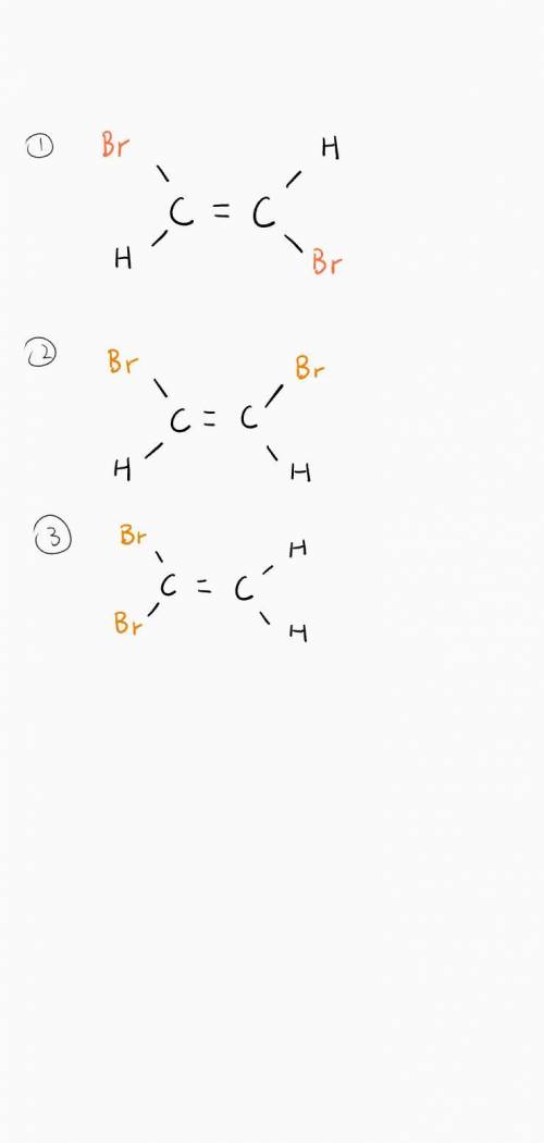 There are three different possible structures (known as isomers) of a dibromoethene molecule, c2h2br