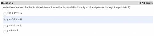 Write the equation of a line in slope intercept form that is parallel to 2x + 4y = 10 and passes thr