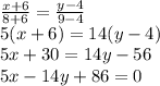 \frac{x+6}{8+6} =\frac{y-4}{9-4} \\5(x+6) = 14(y-4)\\5x+30 = 14y-56\\5x-14y+86 =0