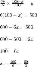 \frac{6y}{5}\times \frac{100-x}{100}=y\\\\6(100-x)=500\\\\600-6x=500\\\\600-500=6x\\\\100=6x\\\\x=\frac{100}{6}=\frac{50}{3}