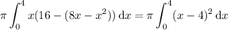 \displaystyle\pi\int_0^4x(16-(8x-x^2))\,\mathrm dx=\pi\int_0^4(x-4)^2\,\mathrm dx