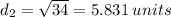 d_2 =  \sqrt{34}  = 5.831 \: units