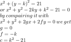 {x}^{2}  +  {(y - k)}^{2}  = 21 \\ or \:  {x}^{2}  + {y}^{2}  - 2ky +  {k}^{2}  - 21 = 0 \\ by \: compairing \:it \: with \:  \\ {x}^{2}  +  {y}^{2}   + 2gx + 2fy = 0 \: we \: get  \\ g = 0 \\f =  - k \\ c =  {k}^{2}  - 21