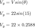 V_y = Vsin(\theta)\\\\V_y = 22sin(15)\\\\V_y = 22 \times 0.2588