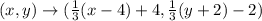 (x, y) \rightarrow (\frac{1}{3}(x-4)+4 , \frac{1}{3}(y+2)-2)