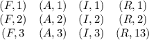 \begin{array}{cccc}(F,1)&(A,1)&(I,1)&(R,1)\\(F,2)&(A,2)&(I,2)&(R,2)\\(F,3&(A,3)&(I,3)&(R,13)\end{array}