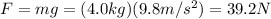 F=mg=(4.0 kg)(9.8 m/s^2)=39.2 N