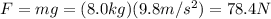 F=mg=(8.0 kg)(9.8 m/s^2)=78.4 N
