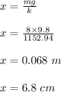 x = \frac{mg}{k} \\\\x = \frac{8 \times 9.8}{1152.94} \\\\ x= 0.068 \ m\\\\x = 6.8 \ cm