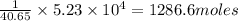 \frac{1}{40.65}\times {5.23\times 10^4}=1286.6 moles